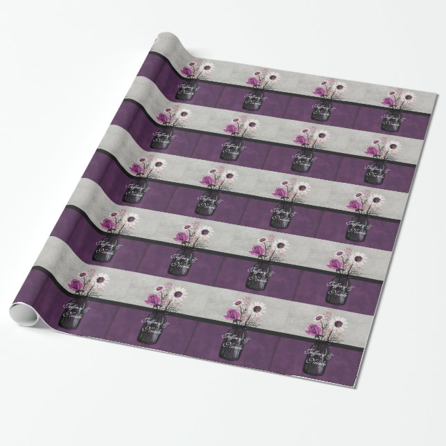 Elegant Purple Floral Mason Jar Wedding Party Gift Wrapping Paper (Unrolled)