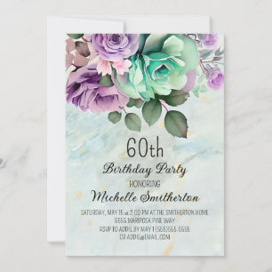 Elegant Purple Floral Mint Green 60th Birthday Invitation