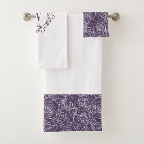 Elegant Purple Floral Monogram Bath Towel Set