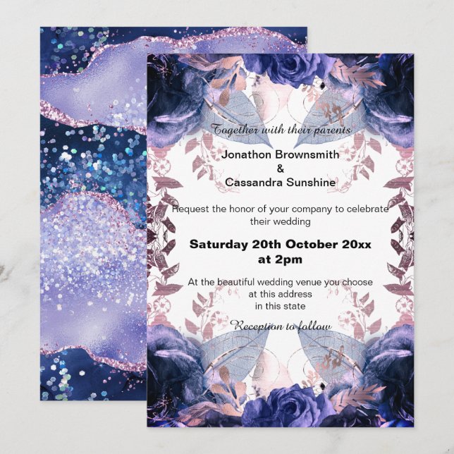 ELEGANT PURPLE FLORAL NAVY WEDDING  INVITATION (Front/Back)