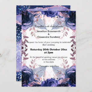 ELEGANT PURPLE FLORAL NAVY WEDDING INVITATION