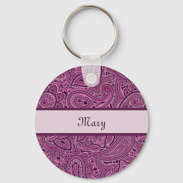 Elegant Purple Floral Paisley Pattern With Name Keychain (Front)