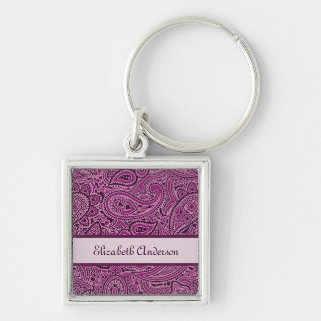 Elegant Purple Floral Paisley Pattern With Name Keychain (Front)