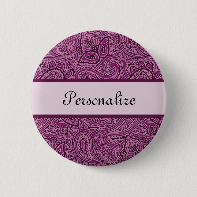 Elegant Purple Floral Paisley Pattern With Name Pinback Button (Front)