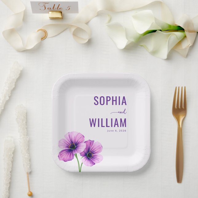 Elegant Purple Floral Paper Plates (Wedding)