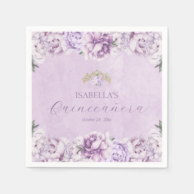 Elegant Purple Floral Party Quinceañera Napkins (Front)