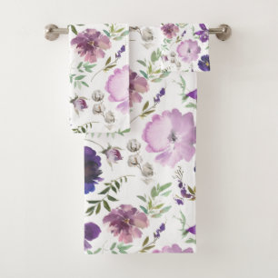 Elegant Purple Floral Pattern Bathroom Towel Set