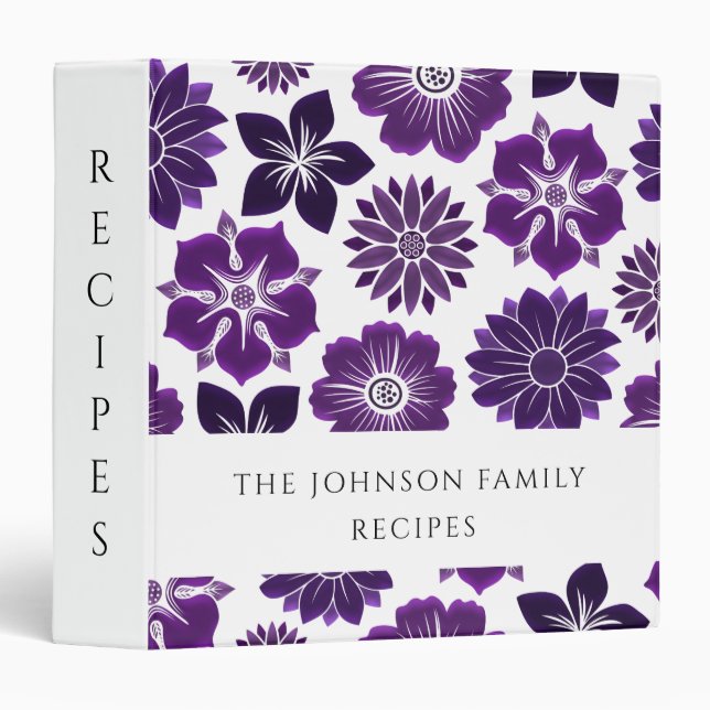 Elegant Purple Floral Pattern Faily Recipes 3 Ring Binder (Front/Spine)