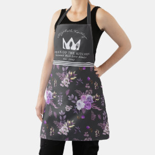 Elegant Purple Floral Pattern Queen of the Kitchen Apron