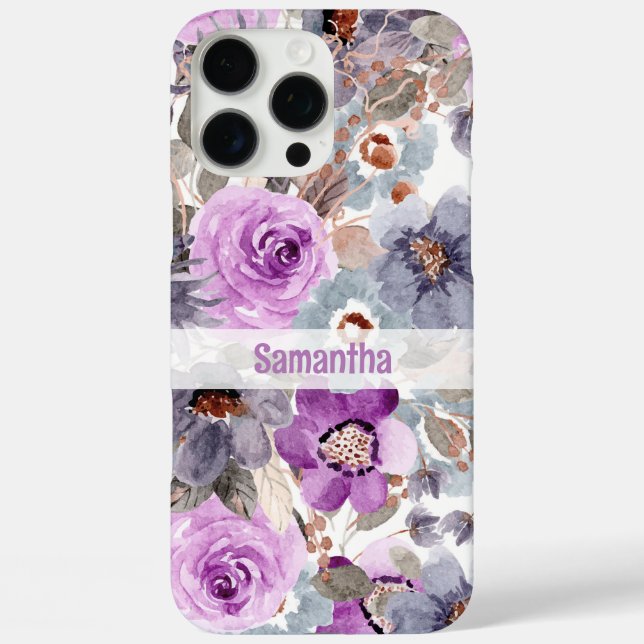 Elegant Purple Floral Personalized Name Case-Mate iPhone Case (Back)