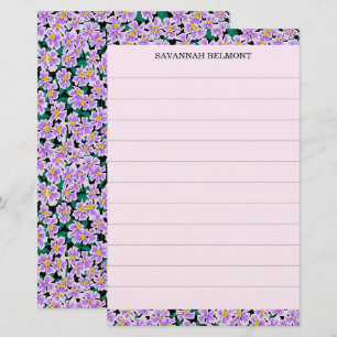 Elegant Purple Floral Personalized Name Lined Stationery
