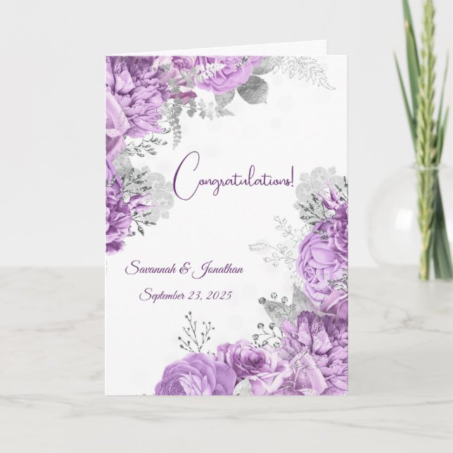 Elegant Purple Floral Personalized Wedding Card (Front)