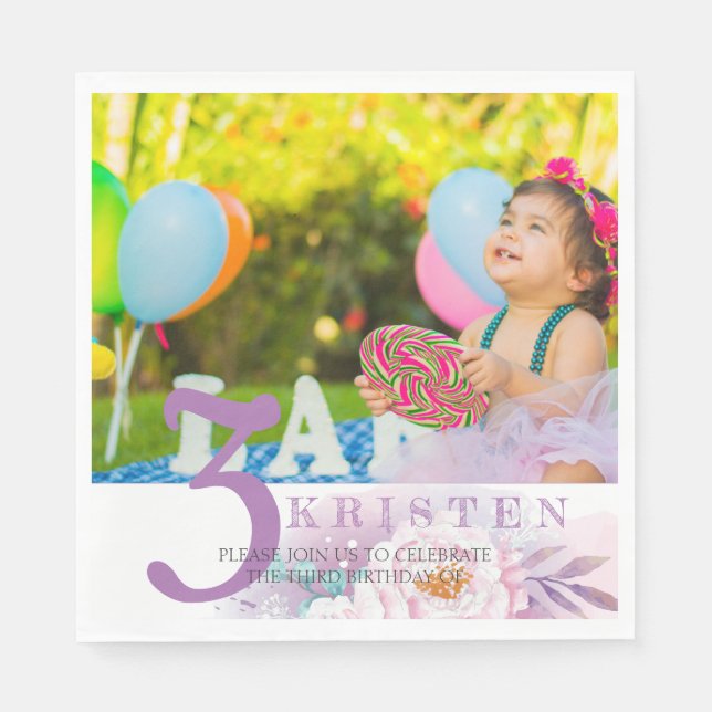 Elegant purple floral photo birthday party napkins (Front)