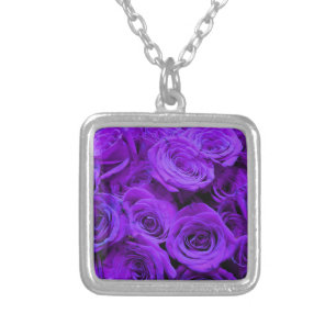 Elegant purple floral photo purple roses silver plated necklace