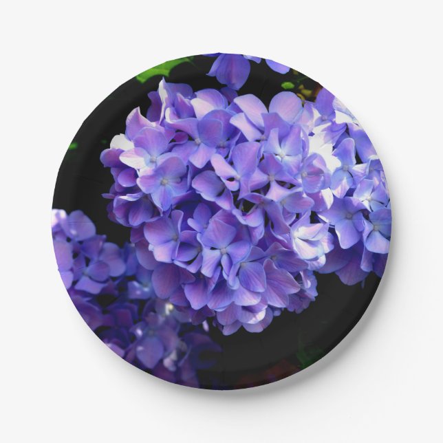 Elegant purple floral purple blue hydrangeas paper plates (Front)