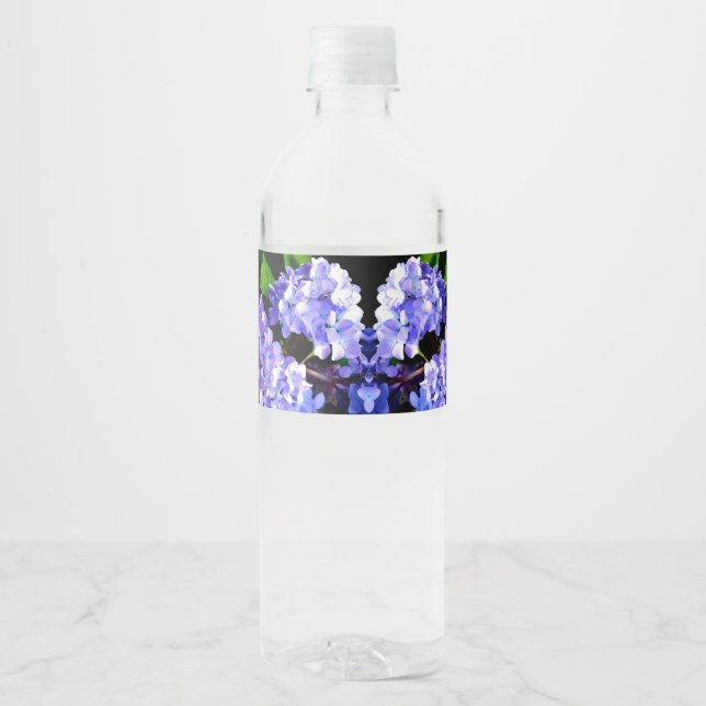 Elegant purple floral purple blue hydrangeas water bottle label (Front)