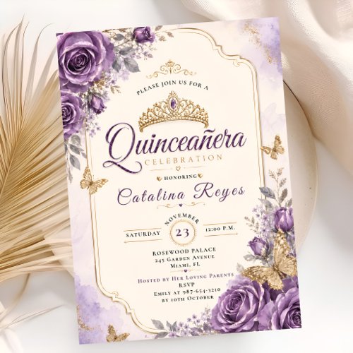 Elegant Purple Floral Quinceañera Invitation