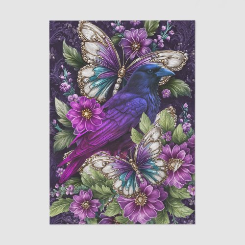 Elegant Purple Floral Raven & Butterfly Decoupage Tissue Paper