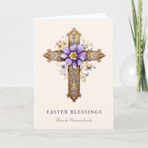 Elegant Purple Floral Religious Easter Blessings Holiday Card