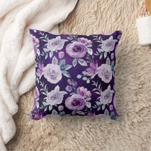 Elegant Purple Floral Roses Botanical Pattern Throw Pillow