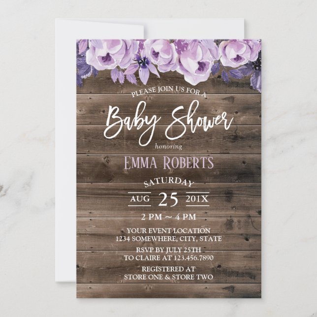 Elegant Purple Floral Rustic Barn Baby Shower Invitation (Front)