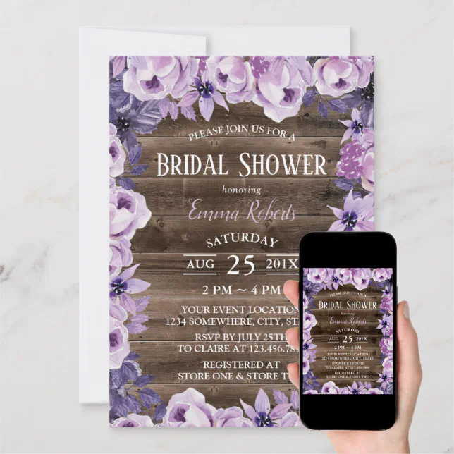 Elegant Purple Floral Rustic Barn Bridal Shower Invitation | Zazzle