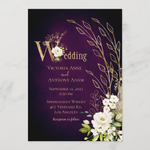 Elegant Purple Floral Rustic Script Wedding Invitation