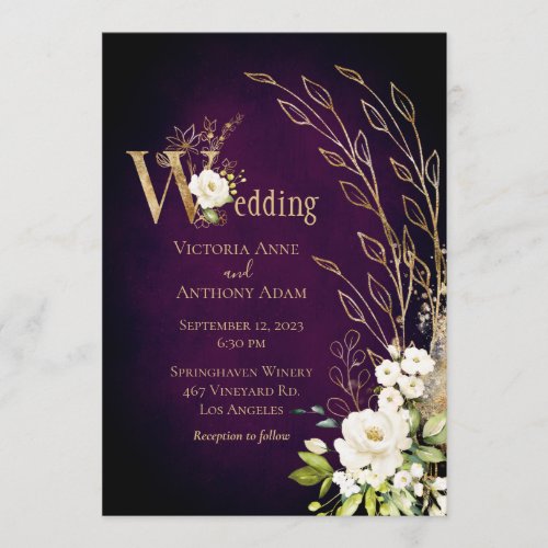 Elegant Purple Floral Rustic Script Wedding Invitation