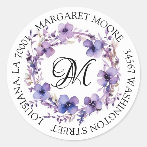 Elegant Purple Floral Script Monogram Address Classic Round Sticker