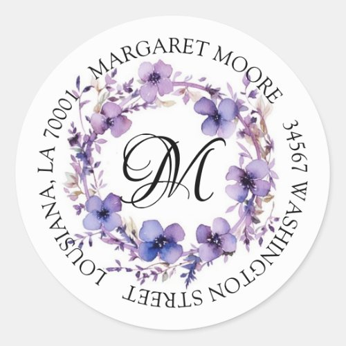 Elegant Purple Floral Script Monogram Address Classic Round Sticker