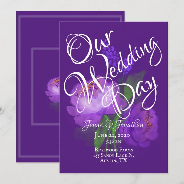 Elegant Purple Floral Script Watercolor Wedding Invitation (Front/Back)