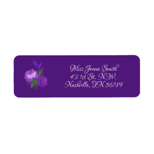 Elegant Purple Floral Script Wedding Address Label (Front)