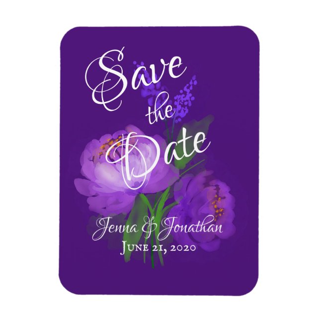 Elegant Purple Floral Script Wedding Save the Date Magnet (Vertical)