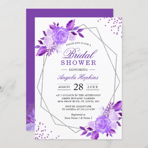 Elegant Purple Floral Silver Frame Bridal Shower Invitation