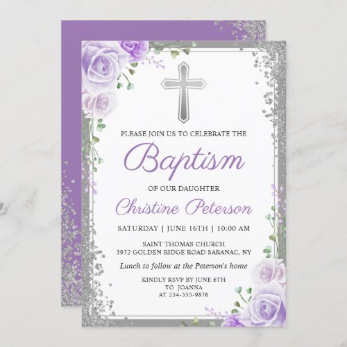 Elegant Purple Floral Silver Glitter Girl Baptism Invitation