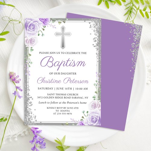 Elegant Purple Floral Silver Glitter Girl Baptism Invitation