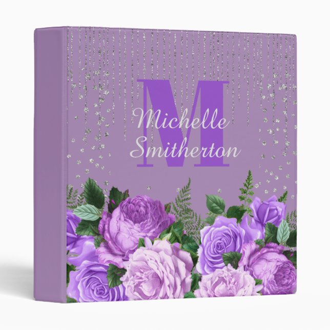 Elegant Purple Floral Silver Glitter Monogram 3 Ring Binder (Front/Spine)