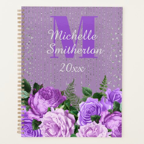 Elegant Purple Floral Silver Glitter Monogram  Planner