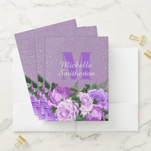 Elegant Purple Floral Silver Glitter Monogram Pocket Folder
