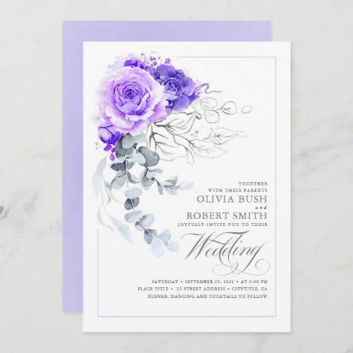Elegant Purple Floral Silver Greenery Boho Wedding Invitation
