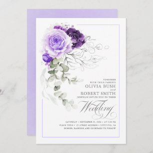 Elegant Purple Floral Silver Greenery Boho Wedding Invitation
