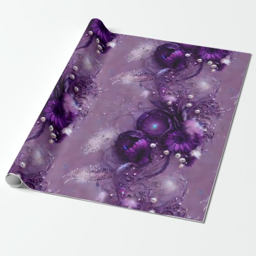 Elegant Purple Floral Silvery  Pearl  Wrapping Paper