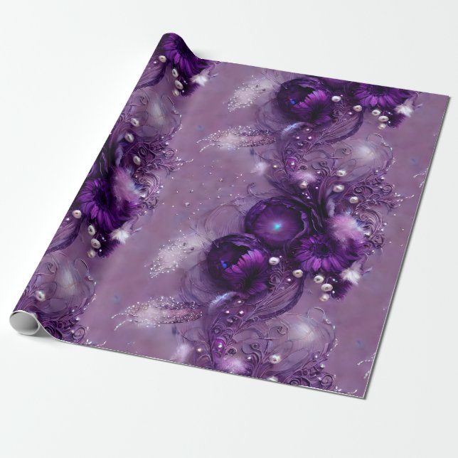 Elegant Purple Floral, Silvery, & Pearl  Wrapping Paper (Unrolled)
