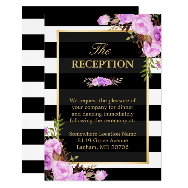 Elegant Purple Floral Stripes Wedding Reception Card