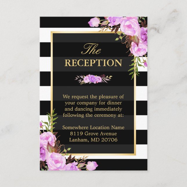 Elegant Purple Floral Stripes Wedding Reception Enclosure Card (Front)