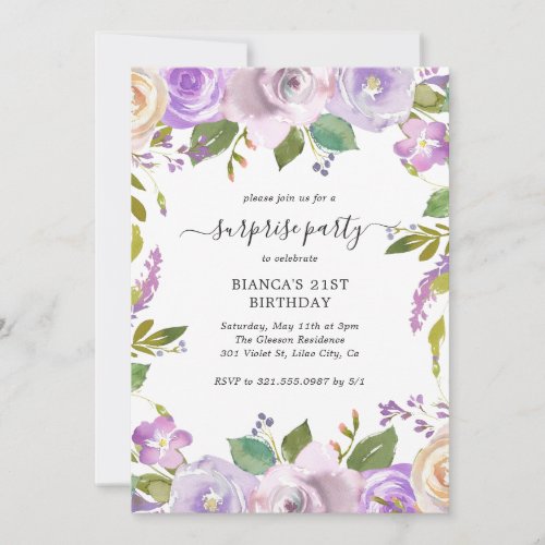 Elegant Purple Floral Surprise Birthday Party Invitation