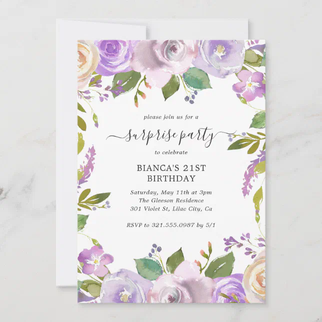 Elegant Purple Floral Surprise Birthday Party Invitation Zazzle