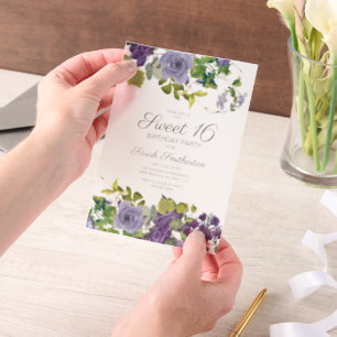 Elegant Purple Floral Vines Sweet 16 Vellum Invitations
