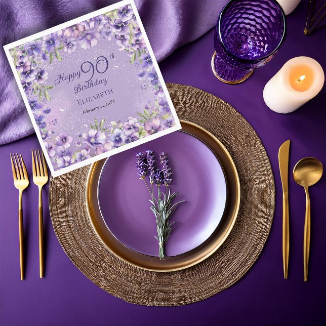 Elegant Purple Floral Violets 90th Birthday Party  Napkins (Elegant Purple Floral Violets 90th Birthday Party Napkins)