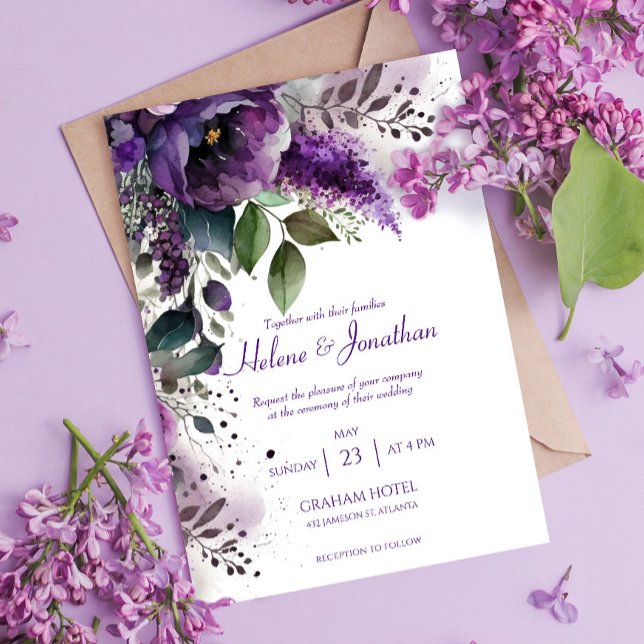 Elegant Purple Floral Watercolor Boho Wedding Invitation (Creator Uploaded)